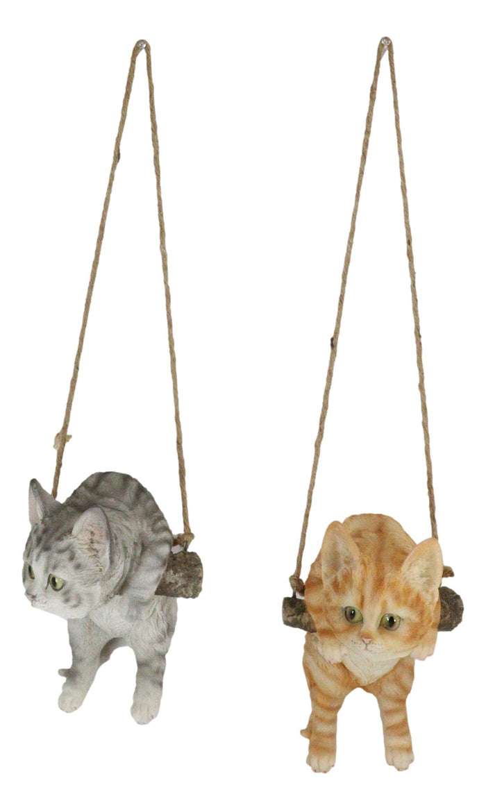 Set Of 2 Lifelike Feline Tabby Kitten Cats On Branch Swing Hanger Wall Decors
