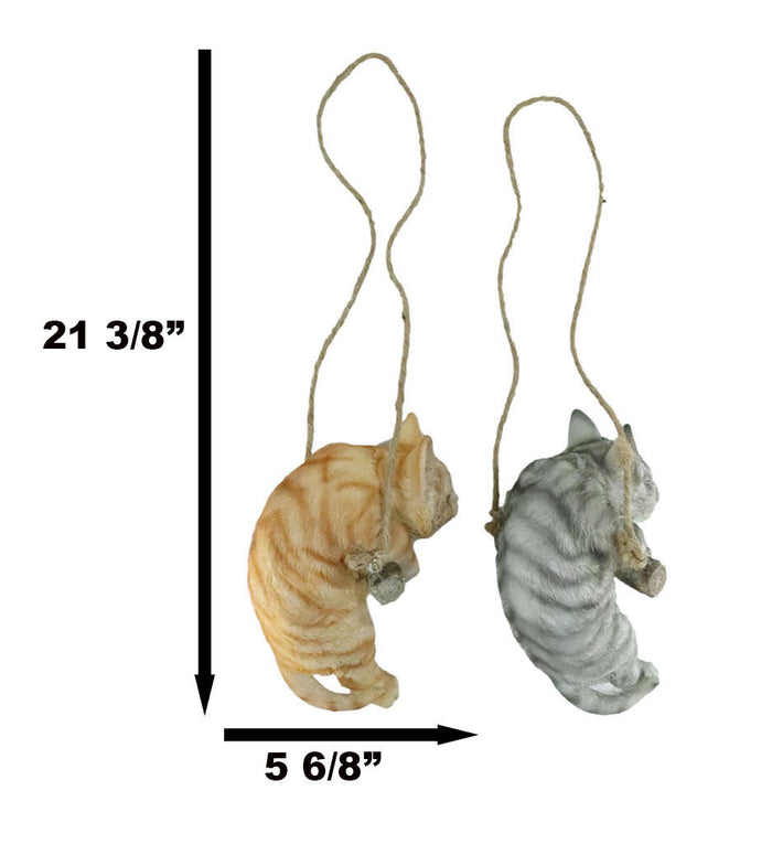 Set Of 2 Lifelike Feline Tabby Kitten Cats On Branch Swing Hanger Wall Decors