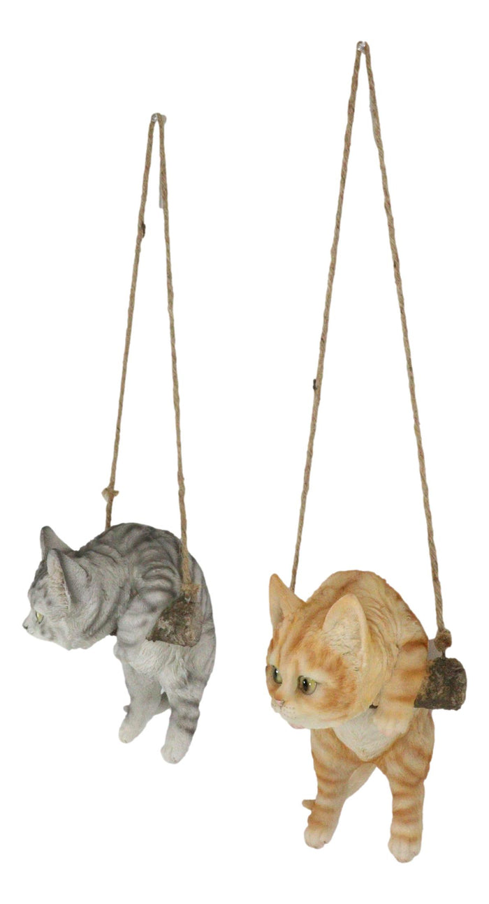 Set Of 2 Lifelike Feline Tabby Kitten Cats On Branch Swing Hanger Wall Decors