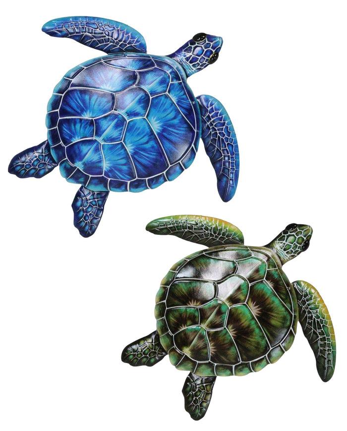 Set of 2 Marine Ocean Green And Blue Bermuda Sea Turtle Metal Wall Decor Plaques