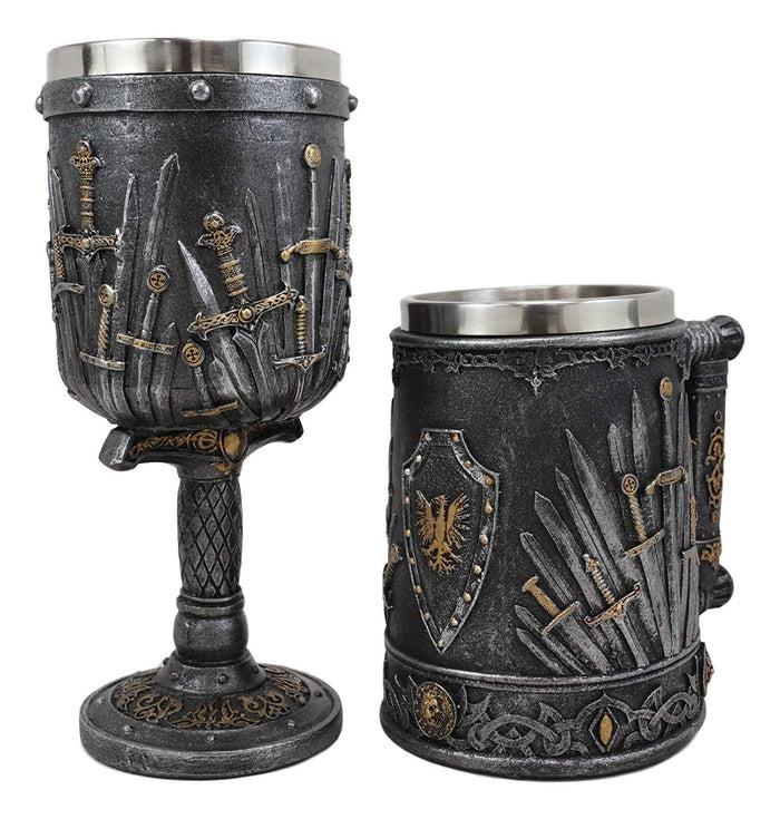 Set Of 2 Medieval Dragons Iron Throne Of Valyrian Steel Swords Wine Goblet & Mug