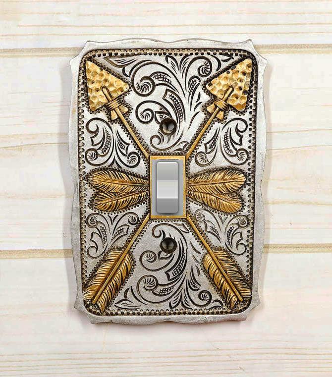 Set Of 2 Navajo Golden Crossed Feather Arrows Wall Single Toggle Switch Plates