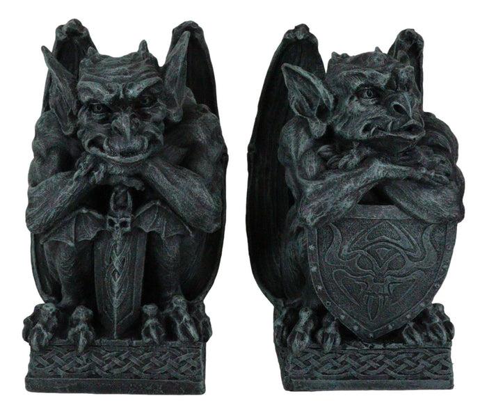 Set Of 2 Notre Dame Gothic Guardian Gargoyles With Bat Sword & Shield Figurines