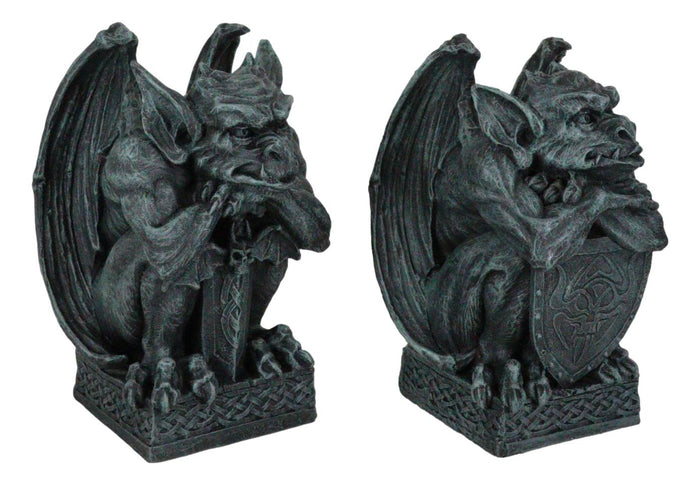Set Of 2 Notre Dame Gothic Guardian Gargoyles With Bat Sword & Shield Figurines