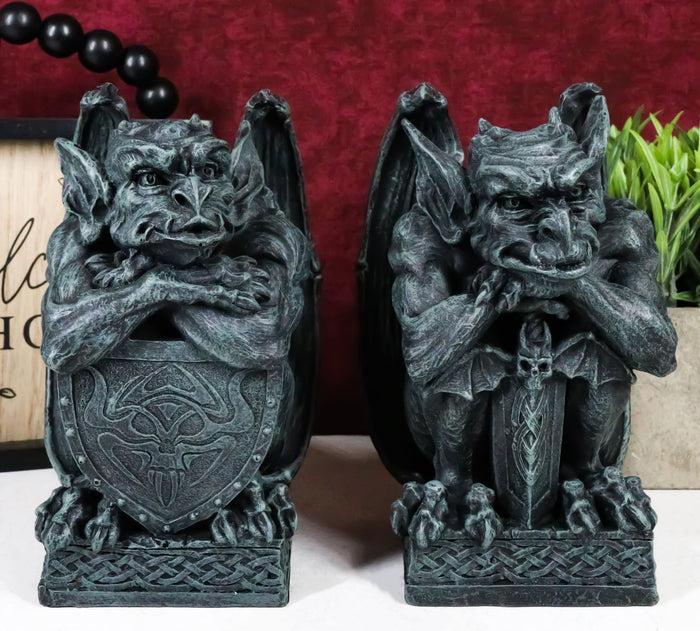 Set Of 2 Notre Dame Gothic Guardian Gargoyles With Bat Sword & Shield Figurines