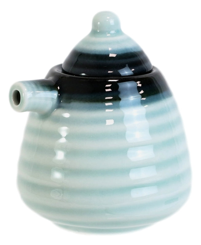 Set Of 2 Ocean Blue Ceramic Soy Ponzu Sauce Vinegar Oil Dispensers Holder W/ Lid