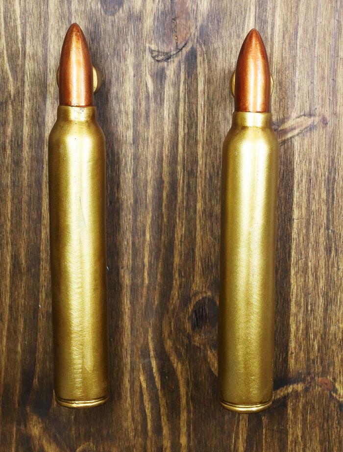 Set of 2 Oversized Faux Hunter Rifle Bullet Casings Barn Door Bar Pull Handles