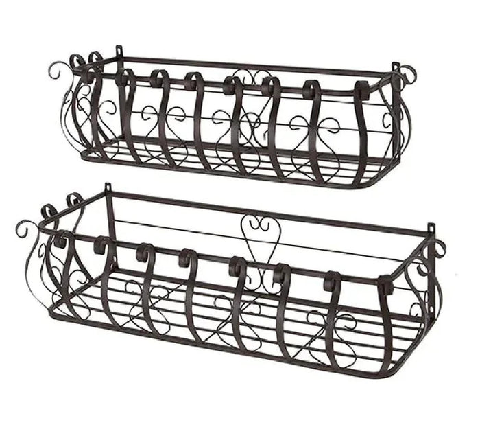 Set Of 2 Parisian Cast Iron Black Scrollwork Wall Planter Bracket Shelf Box