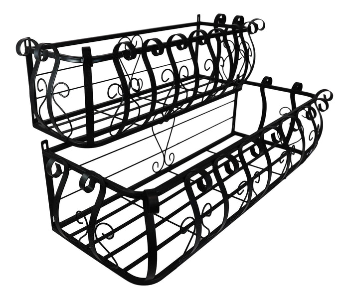 Set Of 2 Parisian Cast Iron Black Scrollwork Wall Planter Bracket Shelf Box