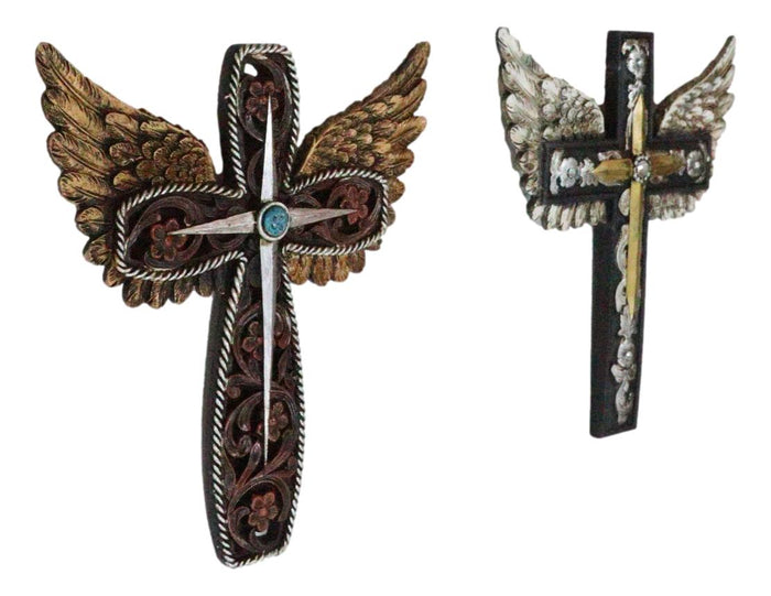 Set Of 2 Petite Rustic Western Silver Gold Angel Wings Faux Leather Wall Crosses