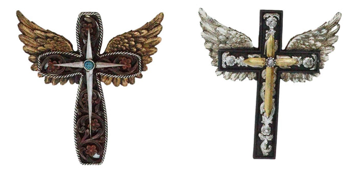 Set Of 2 Petite Rustic Western Silver Gold Angel Wings Faux Leather Wall Crosses