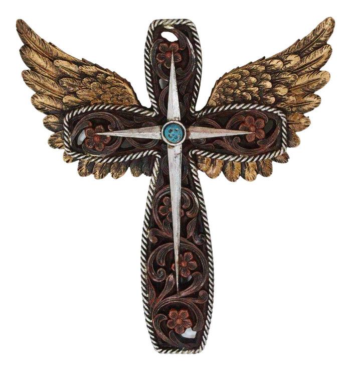 Set Of 2 Petite Rustic Western Silver Gold Angel Wings Faux Leather Wall Crosses
