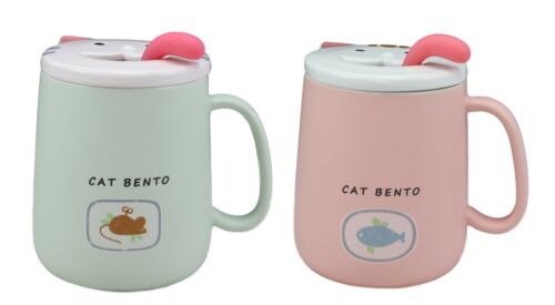 Set Of 2 Pink & Green Drooling Cat Bento Porcelain Mug Cup With Spoon And Lid