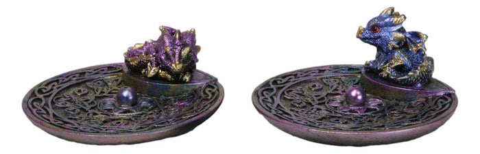 Set Of 2 Purple Blue Hatchling Dragons Celtic Mandala Knotwork Incense Burners