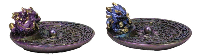 Set Of 2 Purple Blue Hatchling Dragons Celtic Mandala Knotwork Incense Burners