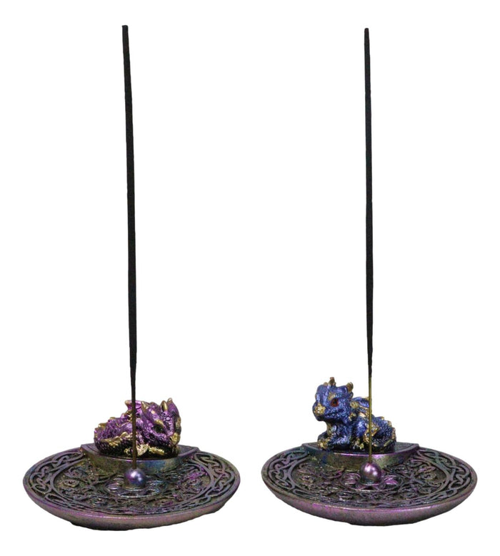 Set Of 2 Purple Blue Hatchling Dragons Celtic Mandala Knotwork Incense Burners