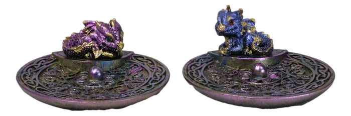 Set of 2 Purple Blue Hatchling Dragons Celtic Mandala Knotwork Incense Burners