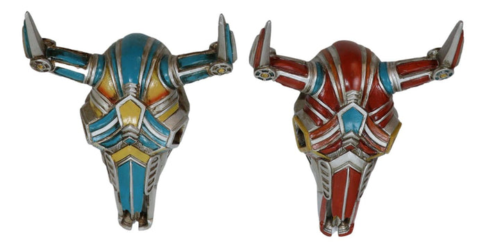 Set Of 2 Red And Blue Western Robotic Cyborg Horned Cow Skull Wall Decors