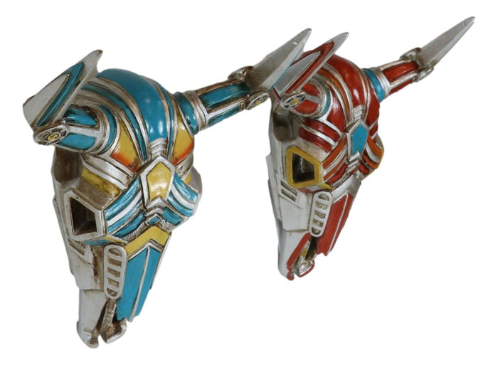 Set Of 2 Red And Blue Western Robotic Cyborg Horned Cow Skull Wall Decors