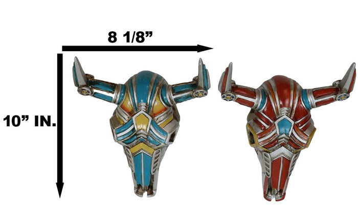 Set Of 2 Red And Blue Western Robotic Cyborg Horned Cow Skull Wall Decors