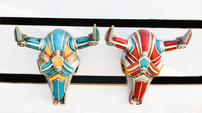 Set of 2 Red and Blue Western Robotic Cyborg Horned Cow Skull Wall Decors Set of 2 Red and Blue Western Robotic Cyborg Horned Cow Skull Wall Decors