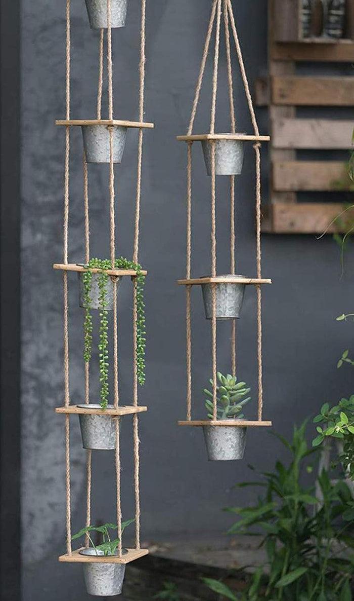 Set Of 2 Rope Hanging Galvanized Metal 5 Tier Pot Planters For Indoors Outdoors