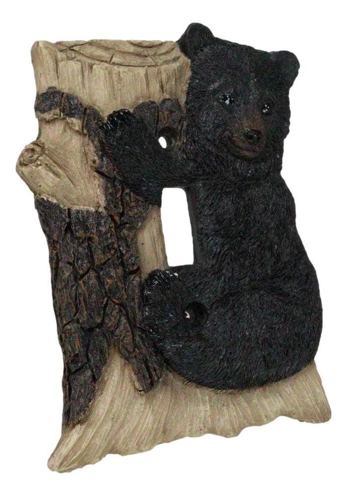 Set Of 2 Rustic Black Bear Cub Climbing On Tree Wall Single Toggle Switch Plates