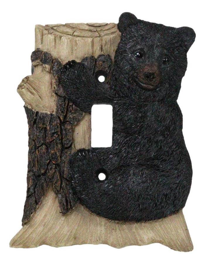 Set Of 2 Rustic Black Bear Cub Climbing On Tree Wall Single Toggle Switch Plates