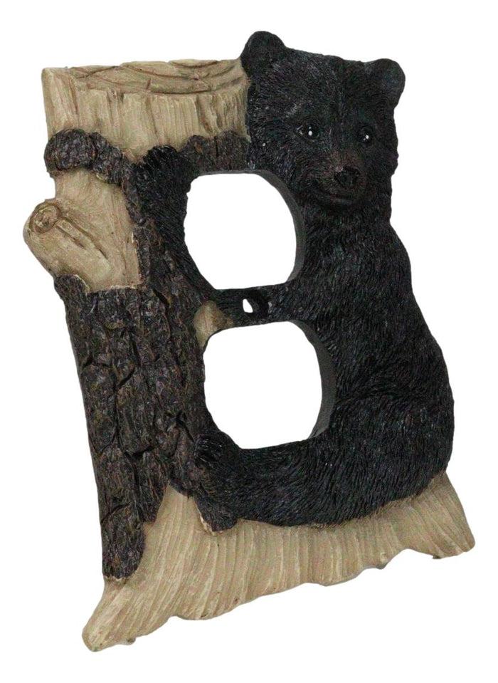 Set Of 2 Rustic Black Bear Cub On Tree Wall Double Receptacle Outlet Plates