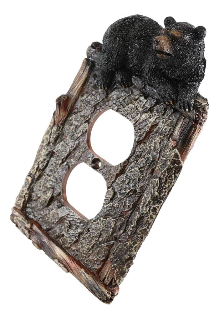 Set Of 2 Rustic Black Bear In Faux Wood Double Receptacle Wall Outlet Plates