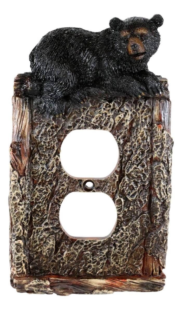 Set Of 2 Rustic Black Bear In Faux Wood Double Receptacle Wall Outlet Plates