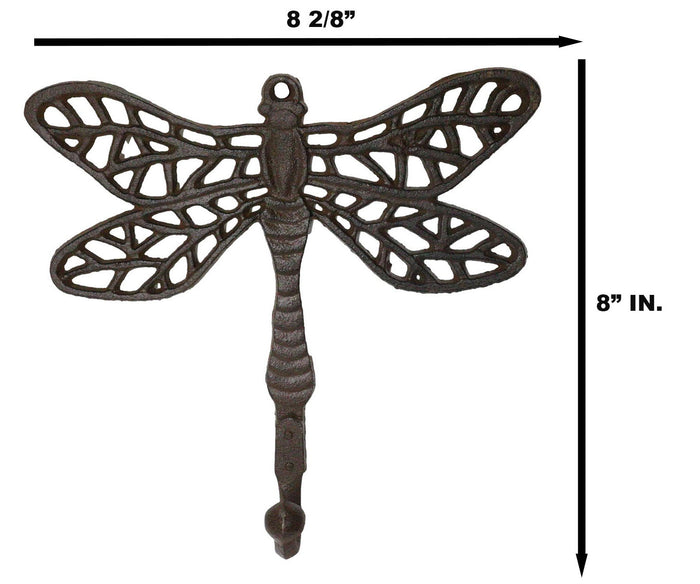Set Of 2 Rustic Cast Iron Dragonfly With Scrollwork Filigree Wings Wall Hooks