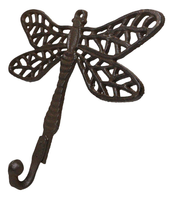 Set Of 2 Rustic Cast Iron Dragonfly With Scrollwork Filigree Wings Wall Hooks