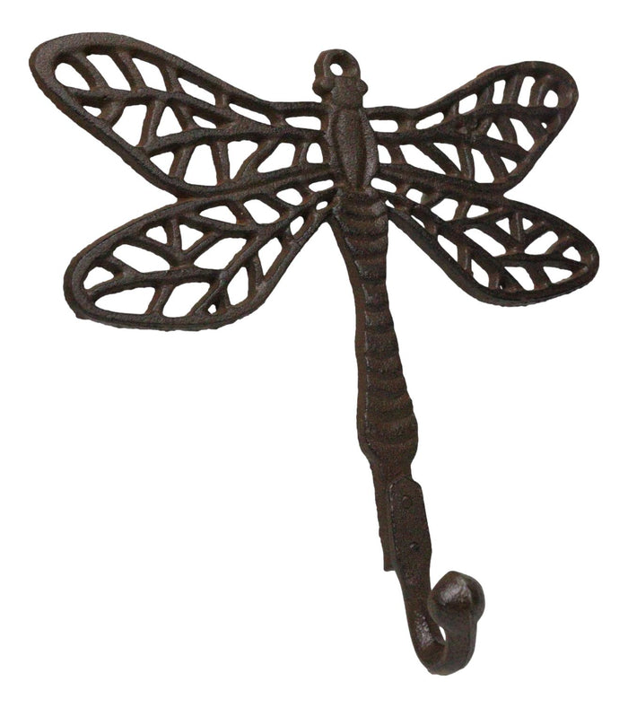 Set Of 2 Rustic Cast Iron Dragonfly With Scrollwork Filigree Wings Wall Hooks
