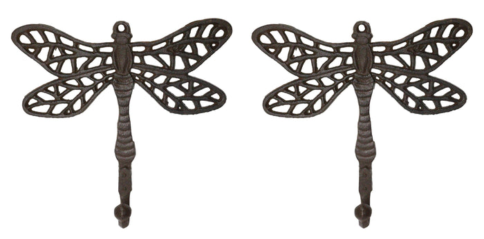 Set Of 2 Rustic Cast Iron Dragonfly with Scrollwork Filigree Wings Wall Hooks