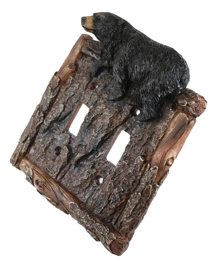 Set Of 2 Rustic Faux Tree Bark With Black Bear Double Toggle Wall Switch Plates