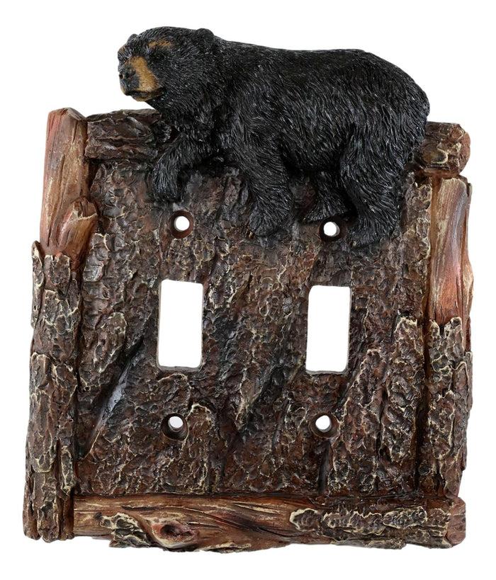 Set Of 2 Rustic Faux Tree Bark With Black Bear Double Toggle Wall Switch Plates
