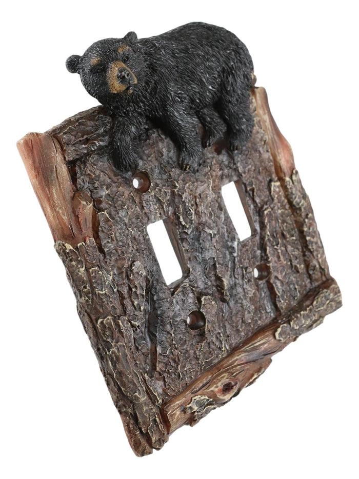 Set Of 2 Rustic Faux Tree Bark With Black Bear Double Toggle Wall Switch Plates