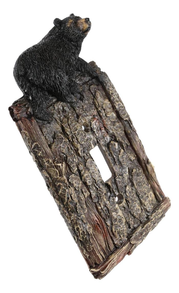 Set Of 2 Rustic Faux Tree Bark With Black Bear Single Toggle Wall Switch Plates