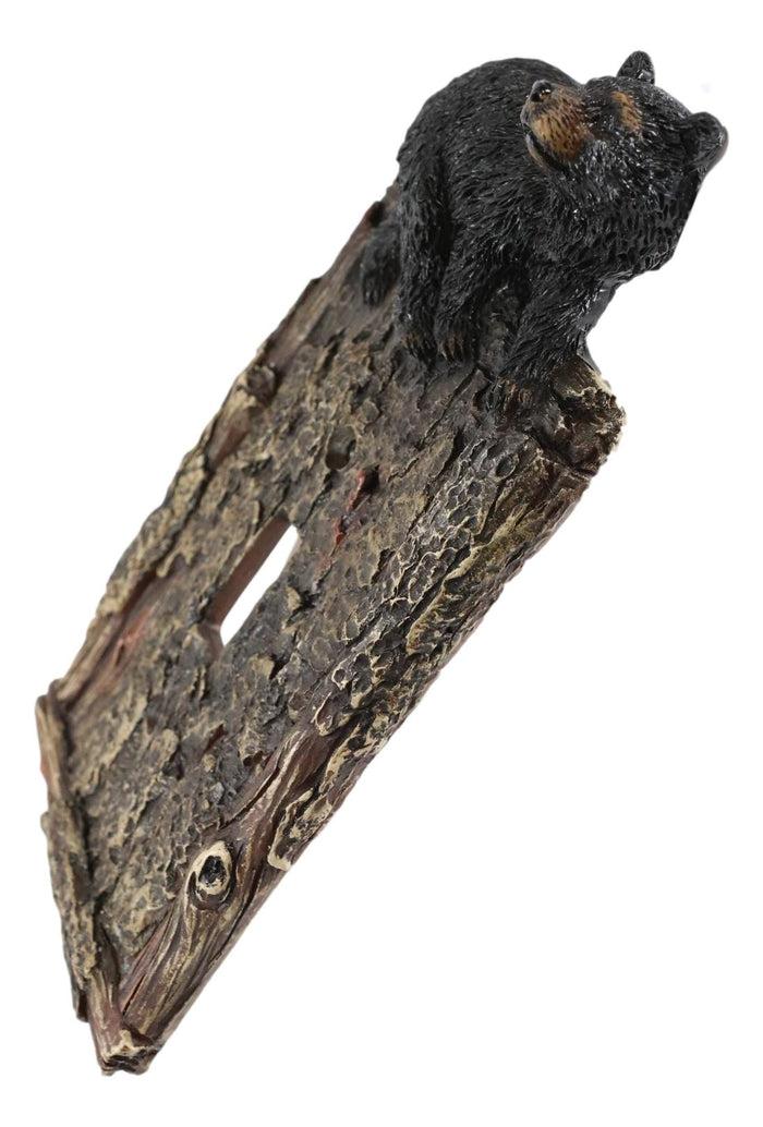 Set Of 2 Rustic Faux Tree Bark With Black Bear Single Toggle Wall Switch Plates