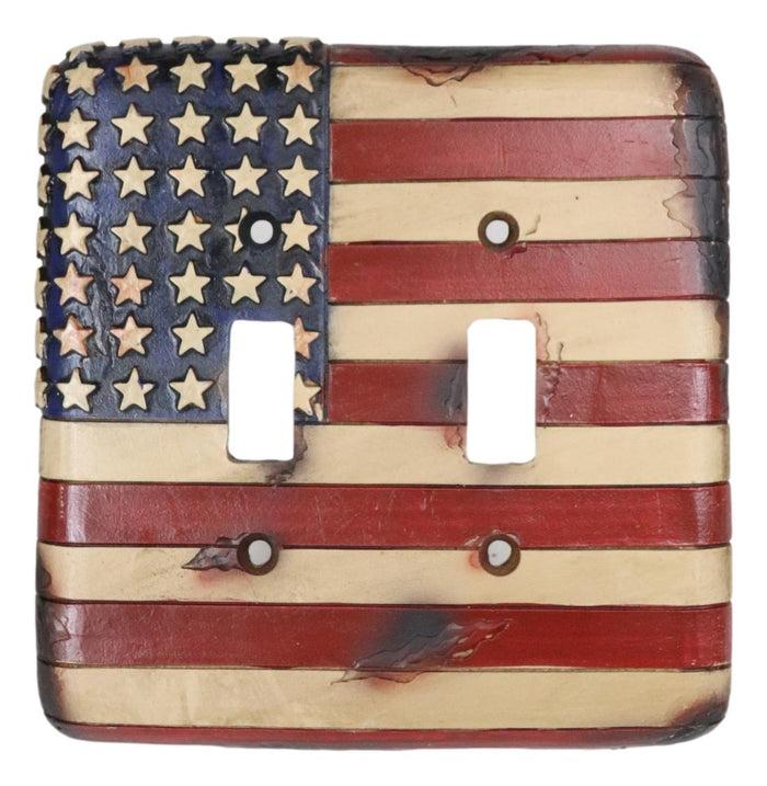Set Of 2 Rustic Patriotic USA American Flag Wall Double Toggle Switch Plates