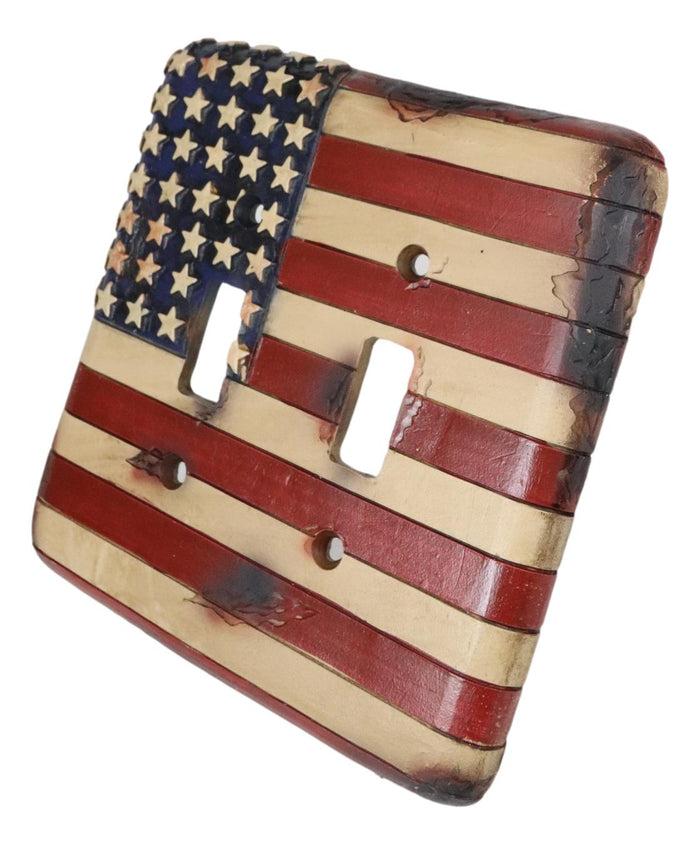 Set Of 2 Rustic Patriotic USA American Flag Wall Double Toggle Switch Plates
