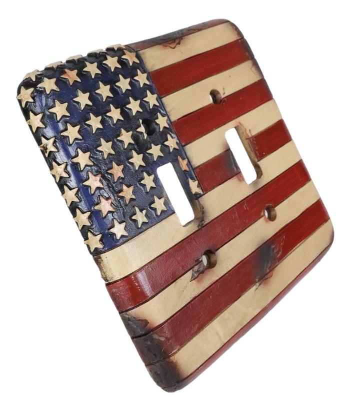 Set Of 2 Rustic Patriotic USA American Flag Wall Double Toggle Switch Plates