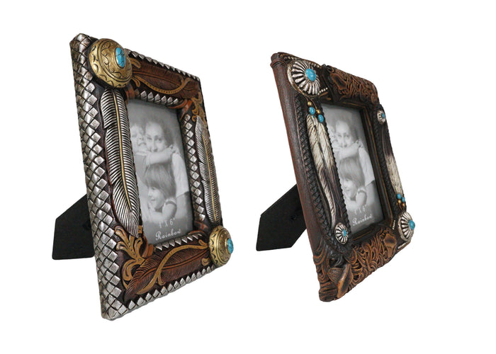 Set Of 2 Rustic Southwestern Boho Feathers Turquoise Gems Scroll Picture Frames