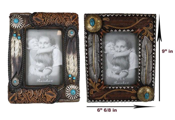 Set Of 2 Rustic Southwestern Boho Feathers Turquoise Gems Scroll Picture Frames