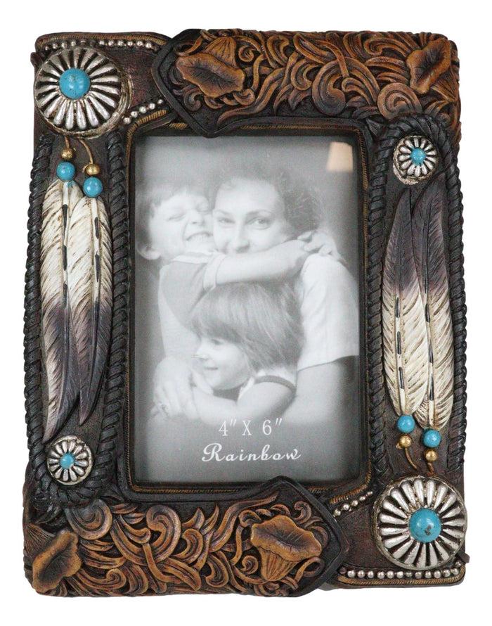 Set Of 2 Rustic Southwestern Boho Feathers Turquoise Gems Scroll Picture Frames
