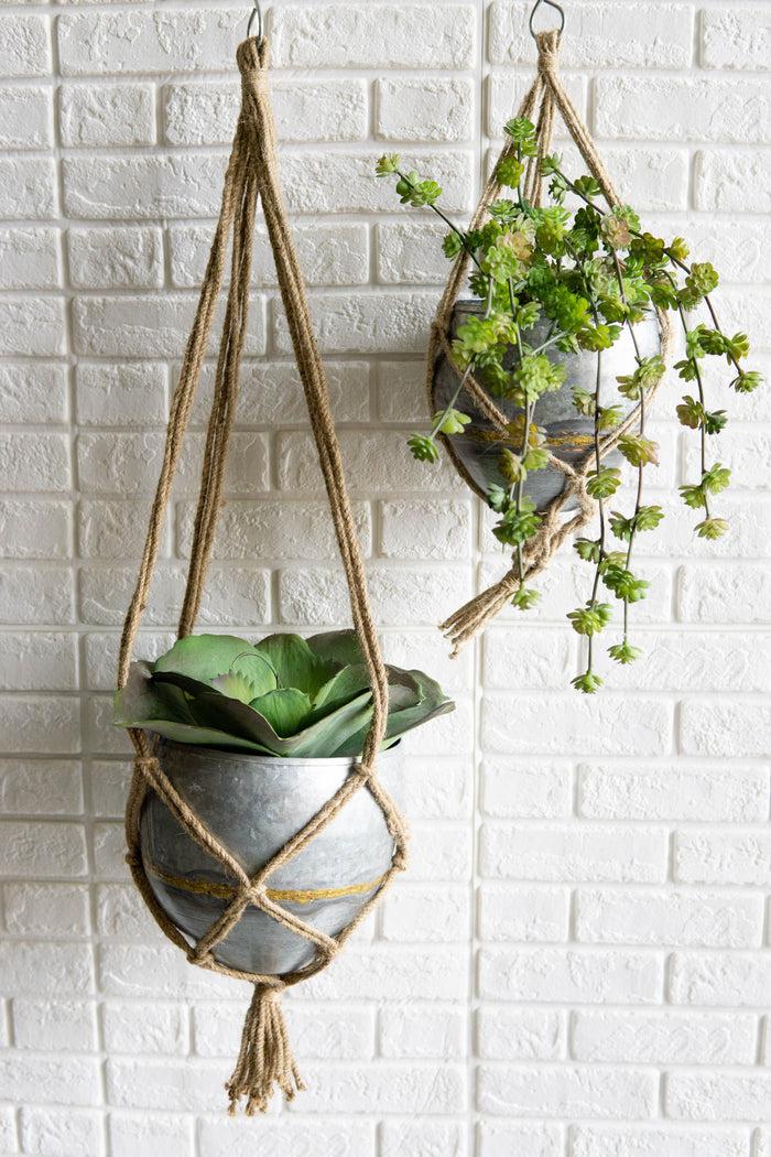 Set Of 2 Rustic Urban Farmhouse Roped Galvanized Metal Wall Hanging Pot Planters