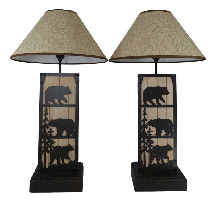 Set Of 2 Rustic Western Black Bears In Forest Wood Metal Bedside Table Lamps