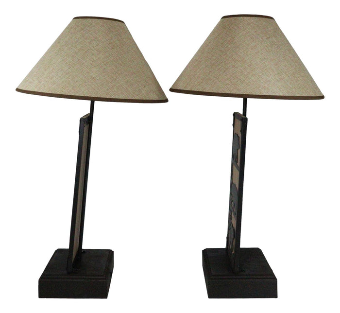 Set Of 2 Rustic Western Black Bears In Forest Wood Metal Bedside Table Lamps