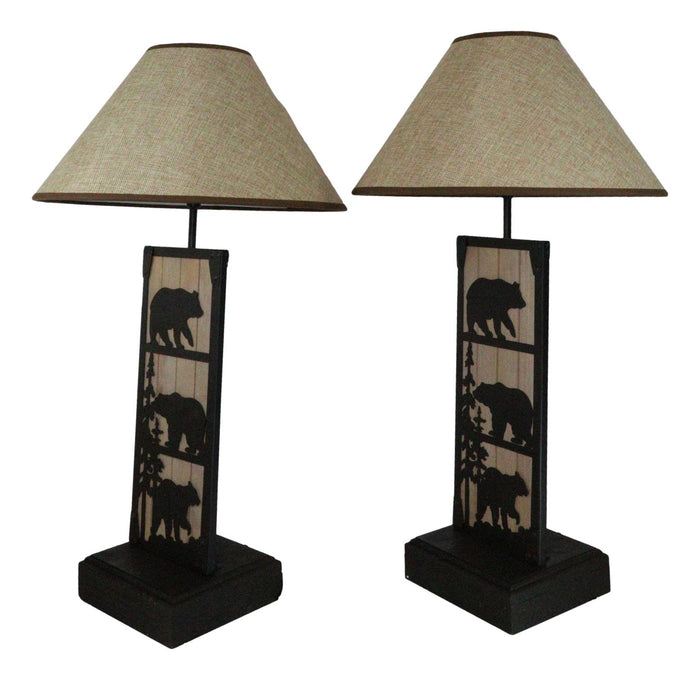 Set Of 2 Rustic Western Black Bears In Forest Wood Metal Bedside Table Lamps